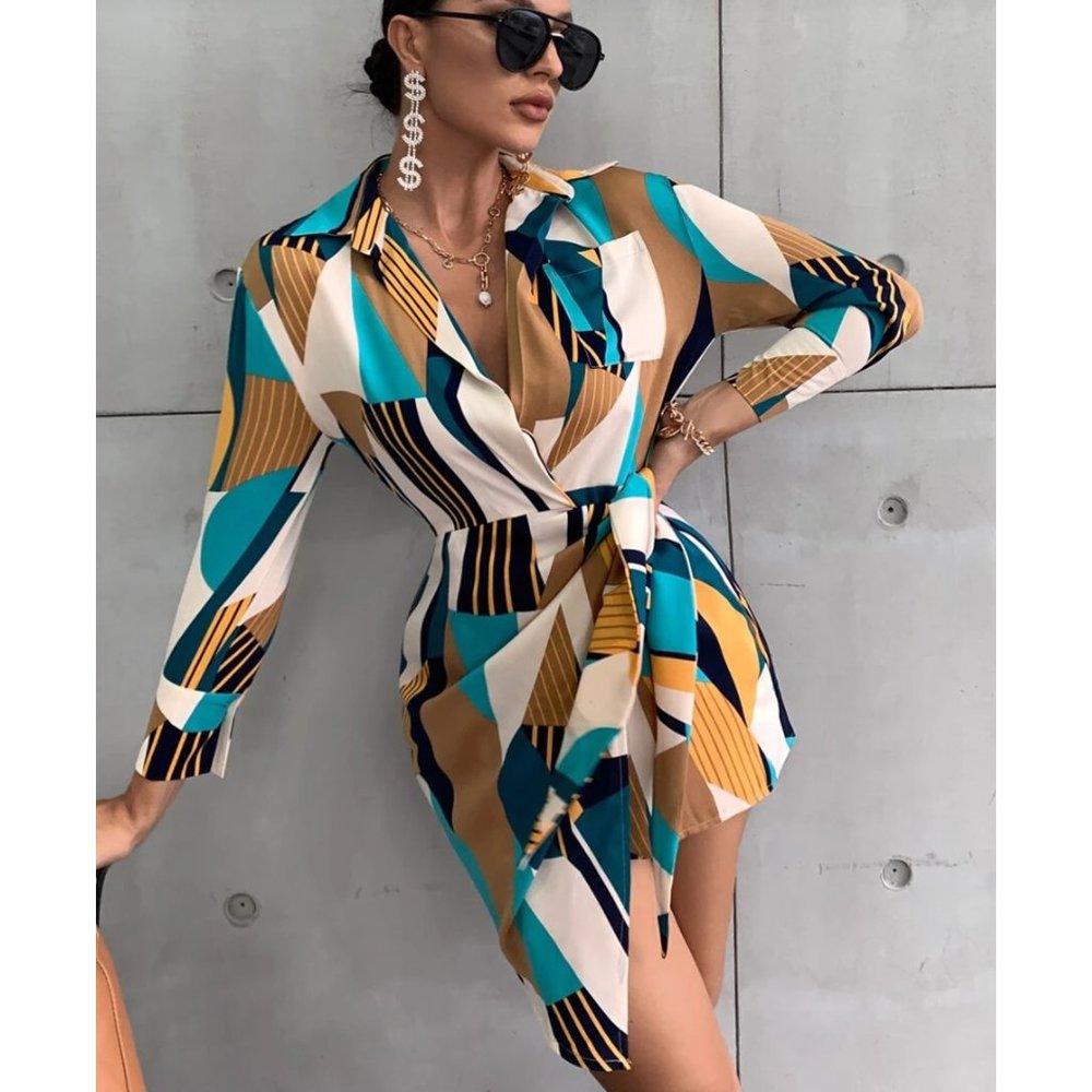 Geometric Print Wrap Dress